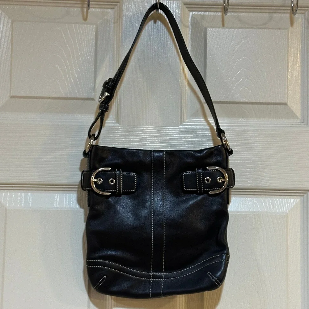 Coach Soho Black‎ Leather Small Hobo Bag White Contrast Stitch G05D-1453